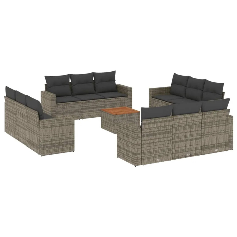 vidaXL 13-teilige Garten-Sofagarnitur aus Poly-Rattan und Akazienholz in Grau mit Kissen - Bild 2