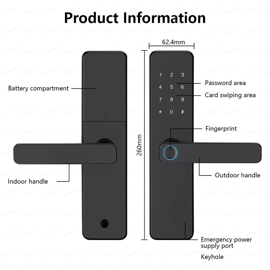 5-in-1 Elektronisches Smart Lock in Schwarz mit Fingerabdruck, biometrischem Wi-Fi und Tuya-App-Fernbedienung für Türschlössse mit einer Dicke von 35–60 mm - Bild 2