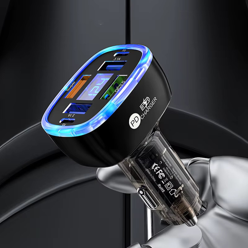 UYUXIO 6-in-1 USB-C Autotelefon-Ladegerät mit Spannungsanzeige in Schwarz für Samsung, iPhone 16 15 Pro Max und OnePlus - Bild 4