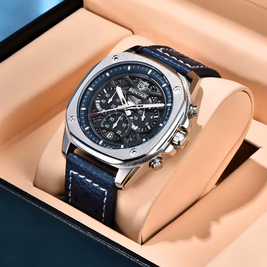 BENYAR Chronograph, Quarz, Edelstahl, Leder, Schwarz, Herren - Bild 3
