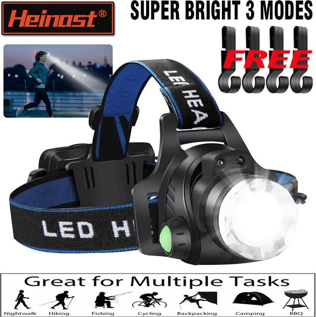 Heinast LED-Stirnlampe in Schwarz, wiederaufladbar und zoombar für Outdoor, Camping und Garten - Bild 1