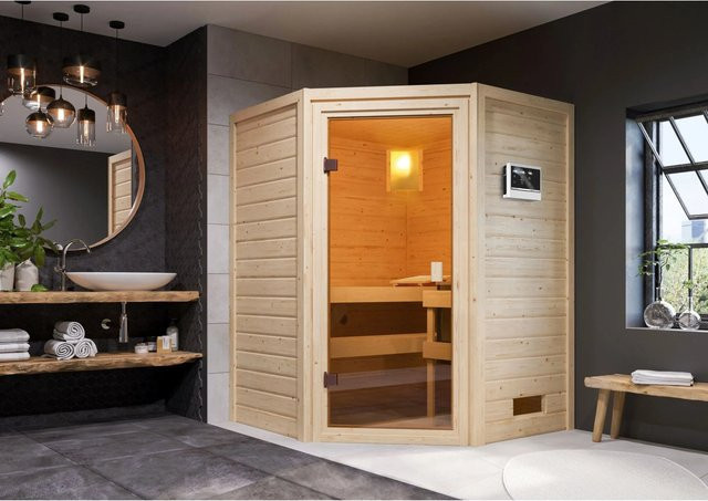 Woodfeeling Massivholzsauna Antonia in Bronze mit 9 kW Ofen und externem Steuergerät, B/T/H: 145 x 145 x 187 cm - Bild 1