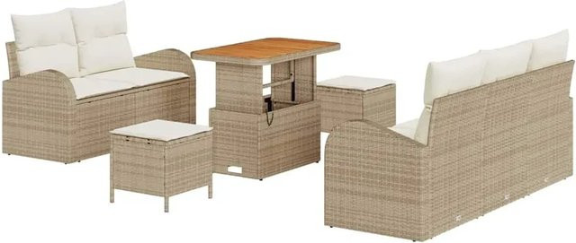 vidaXL Garten-Sofa-Set 8-teilig aus Poly-Rattan und Akazienholz in Beige-creme mit Polstern und Tisch - Bild 1