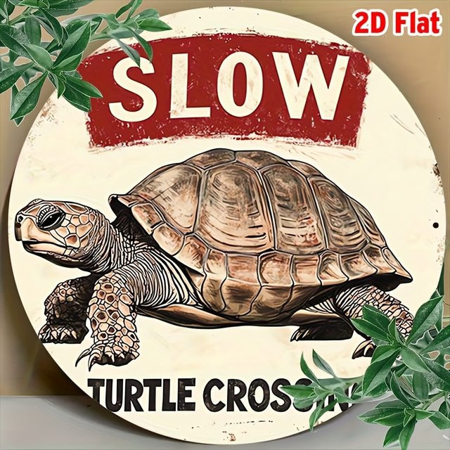 Potdemiel Rundes Aluminiumschild Slow Turtle Crossing im Vintage-Stil als Metallwanddekoration, Durchmesser: 20 cm - Bild 1