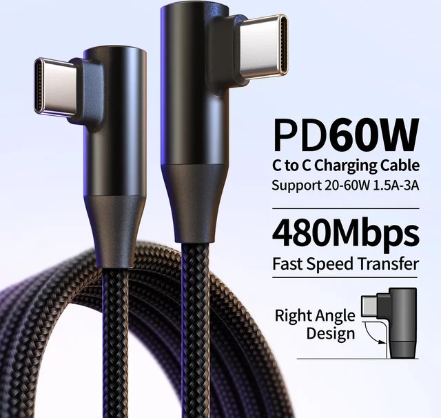 USB-C zu Typ-C Schnellladekabel 60W 3A mit 90 Grad angewinkeltem Design aus Nylon geflochten in Schwarz für Smartphones, Tablets und Kopfhörer - Bild 1