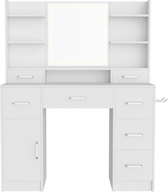 PXloue Schminktisch in Weiß mit Spiegel, Schubladen und verstellbarer LED-Beleuchtung, B/T/H: 110 x 40 x 140 cm - Bild 1