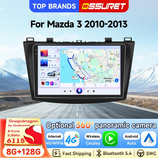OSSURET Android 14 Autoradio für Mazda 3 (2010-2013) mit 9 Zoll Display, Snapdragon 6115 Octa-Core, GPS, Wireless CarPlay, Android Auto, DSP Audio und 4G WiFi in Schwarz - Bild 1