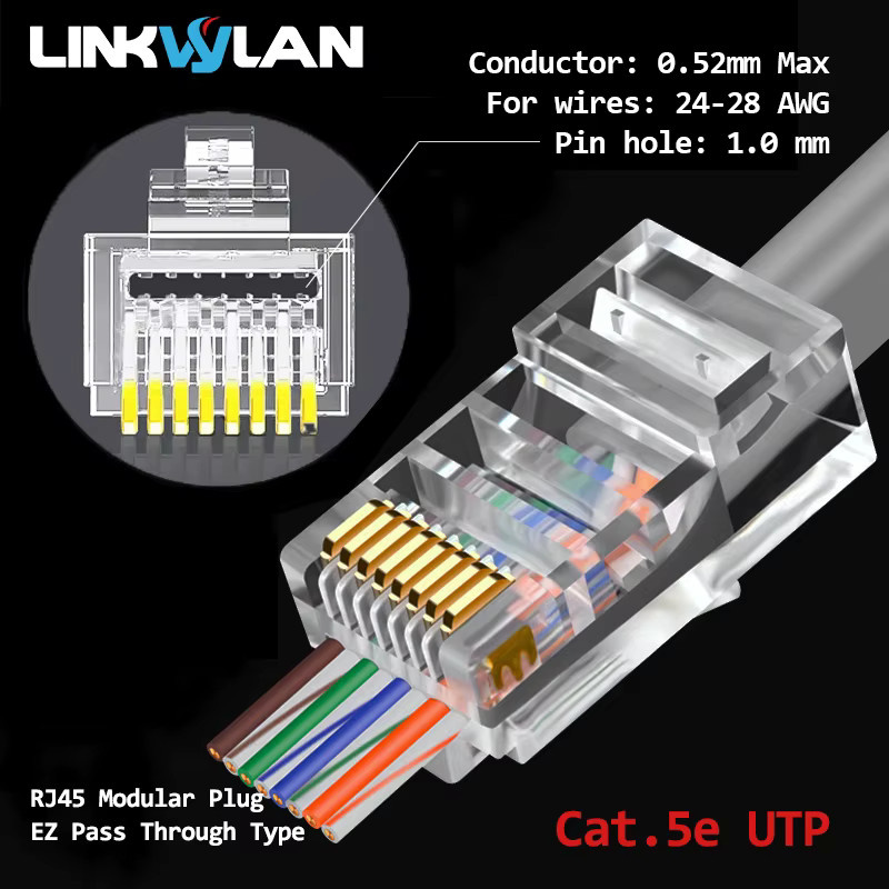 Linkwylan RJ45 Modularstecker Pass Through für Cat7 Cat6 Cat5e UTP STP Netzwerkkabel, transparent - Bild 2