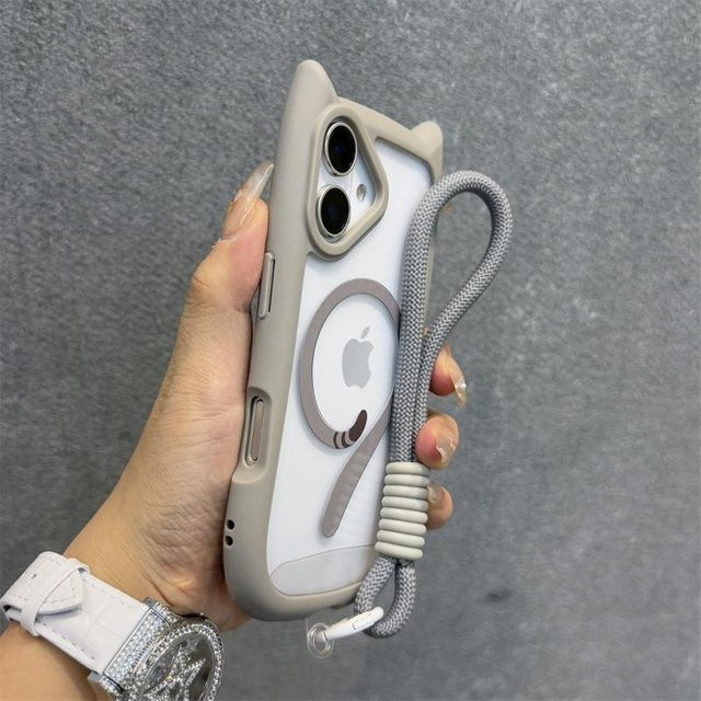 MagSafe Handyhülle mit Katzenohren und Handgelenkschlaufe für Apple iPhone 11 12 13 14 15 16 Pro Max Plus, transparentes Armor Cover aus PC und TPU - Bild 1