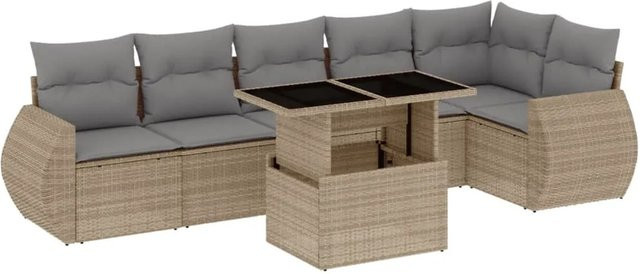 vidaXL 7-teilige Garten-Sofagarnitur in L-Form aus Poly-Rattan mit Kissen in Beige-grau - Bild 1