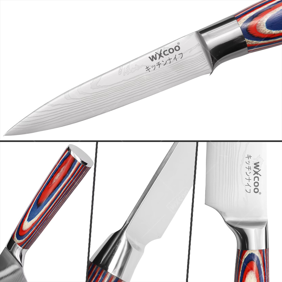 WXCOO Schälmesser mit Holzgriff und Damast-Lasermuster, 3,5 Zoll Obstschälermesser für Obst und Gemüse, Mehrfarbig - Bild 5