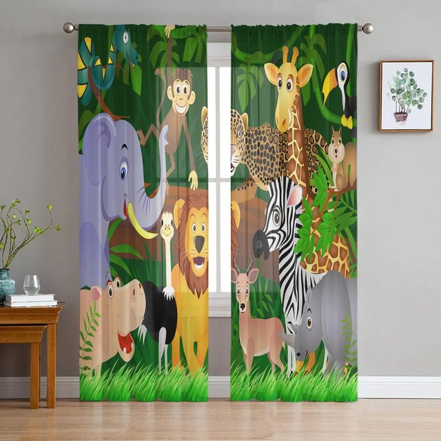 Yiran Furniture Dschungelwald Cartoon Tier Vorhang mit Löwe und Elefant, Chiffon Tüll Gardine, Mehrfarbig, Breite: 135 cm, Höhe: 115 cm - Bild 1