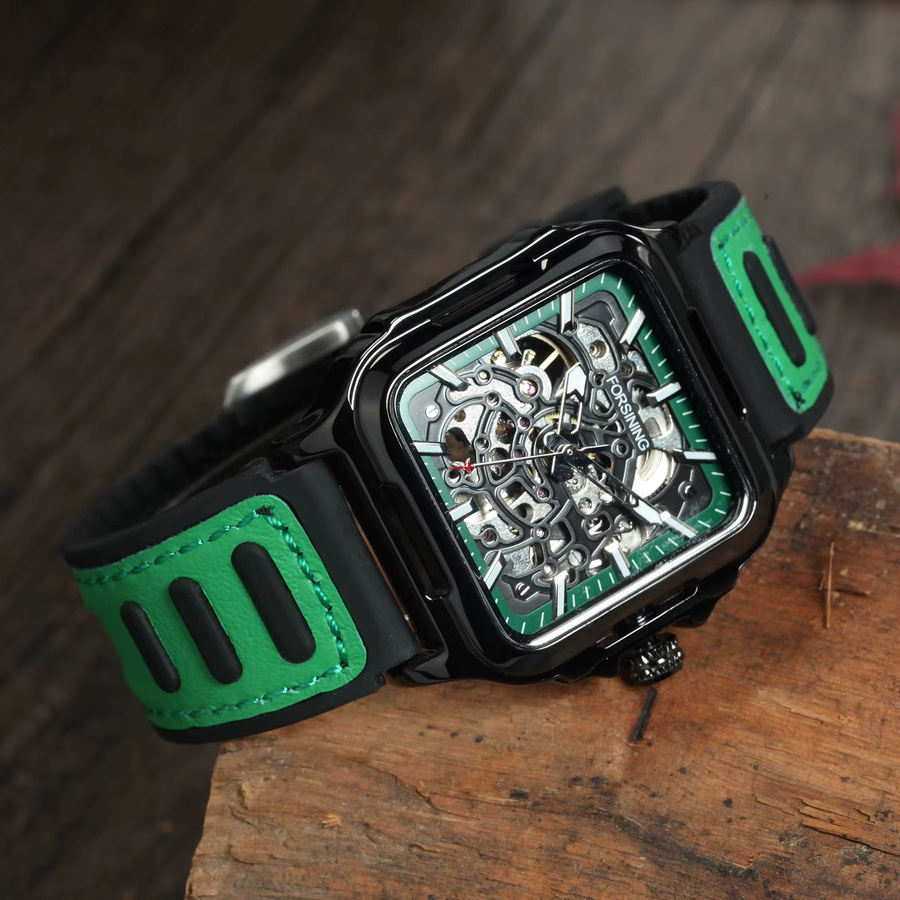 Forsining Armbanduhr, Automatik, eckig, Leder, Herren, Grün, Silber - Bild 2