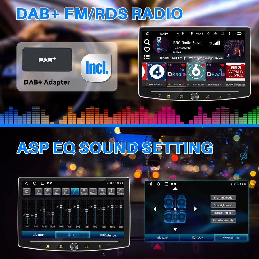 ESSGOO Android 15 Universelles Autoradio mit drehbarem Bildschirm, 1DIN, Kabelloses CarPlay, Bluetooth, WiFi und USB, Schwarz - Bild 6