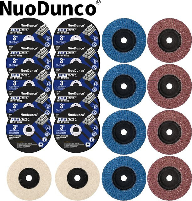 NuoDunco 3-Zoll Schleifset mit Metalltrennscheiben, Fächerscheiben, Schleifrädern und Wollpolierscheiben für Winkelschleifer mit 3/8-Zoll-Aufnahme - Bild 1