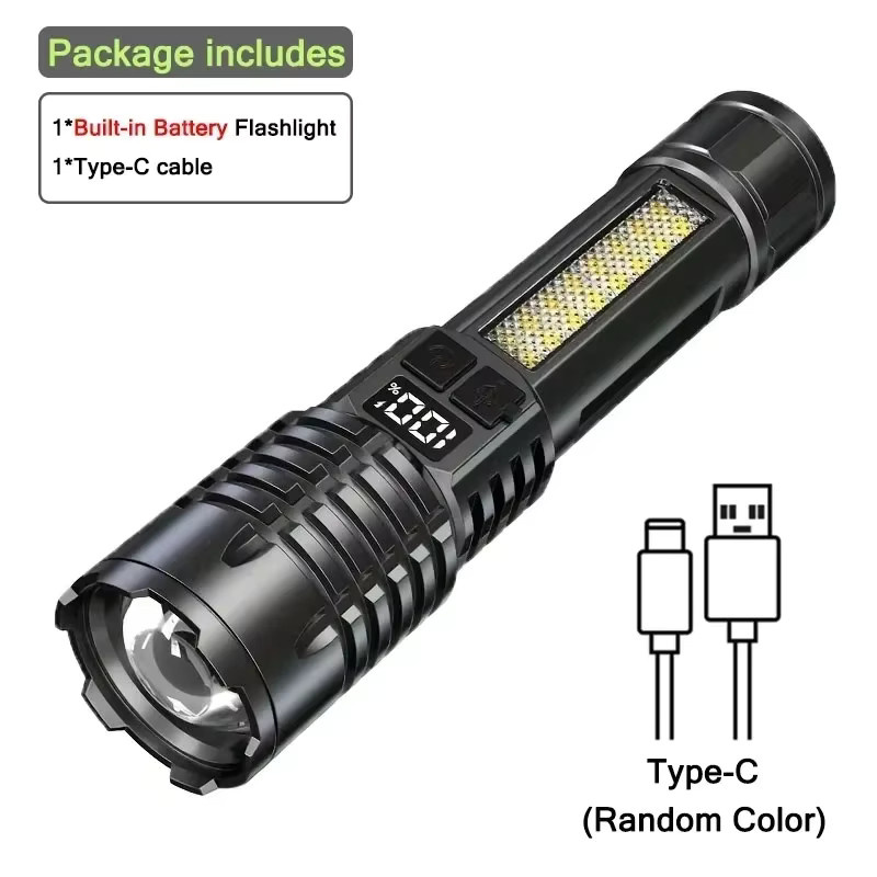 KDULIT Hochleistungs-LED-Taschenlampe mit Display, wiederaufladbare taktische Zoom-Taschenlampe aus Aluminium mit COB-Seitenlicht und RGB-Laterne, Schwarz - Bild 7