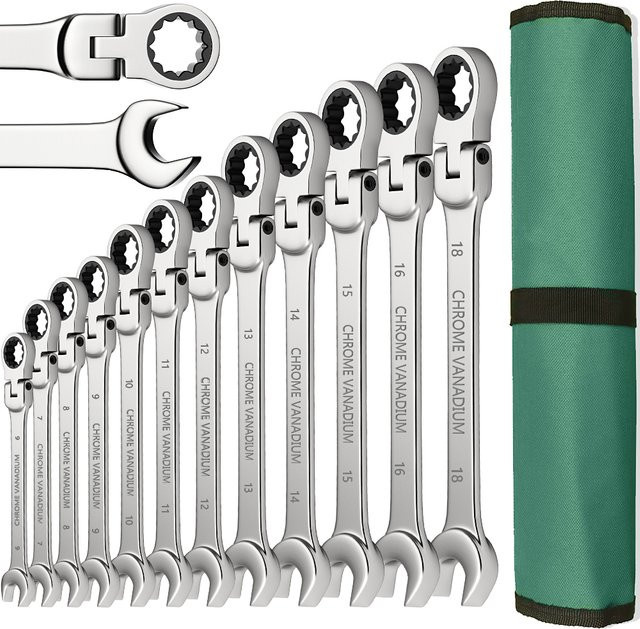 WOZOBUY Ratschenschlüssel-Set mit flexiblem Kopf, 8–22 mm, metrisches Maulschlüssel-Set in Silber mit Canvas-Tasche - Bild 1