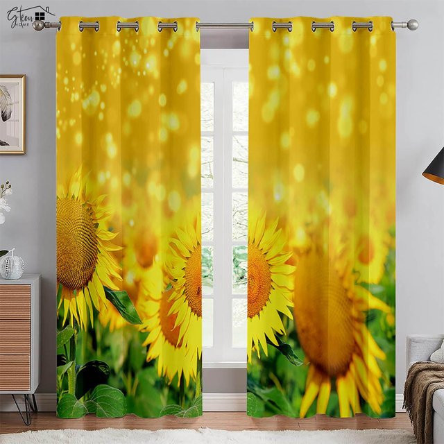 Sonnenblumen Verdunkelungsvorhang mit 3D-Druck, Thermisch isolierender Vorhang in Gelb, Breite: 100 cm, Höhe: 130 cm - Bild 1