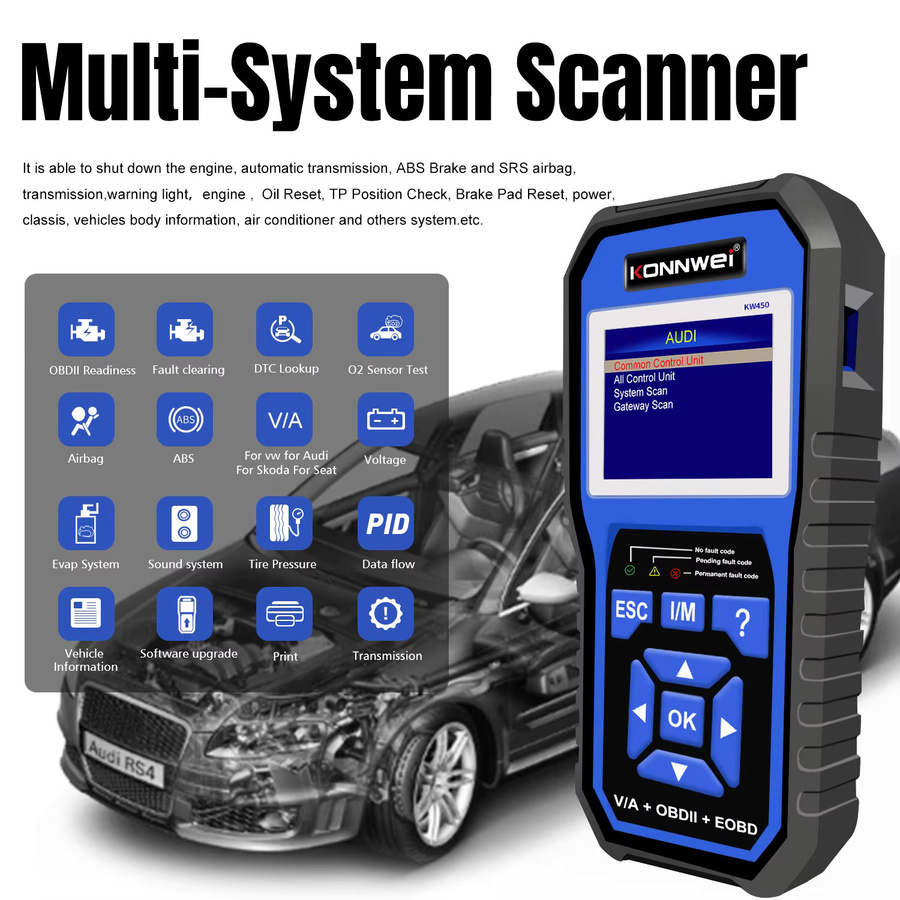 KONNWEI KW 450 OBD2-Diagnosetool Komplettsystem für VW Audi SEAT SKODA mit ABS Airbag Öl EPB DPF SRS und TPMS Reset Funktionen - Bild 2