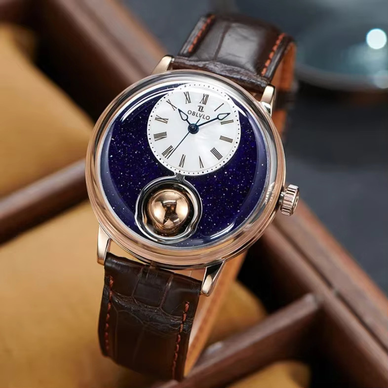 OBLVLO Armbanduhr Automatik, Edelstahl, Silber, Leder, 42 mm, Herren - Bild 4