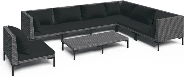 vidaXL 8-teiliges Garten-Lounge-Set in U-Form aus Poly Rattan mit Kissen und Couchtisch, Dunkelgrau/Schwarz - Bild 1