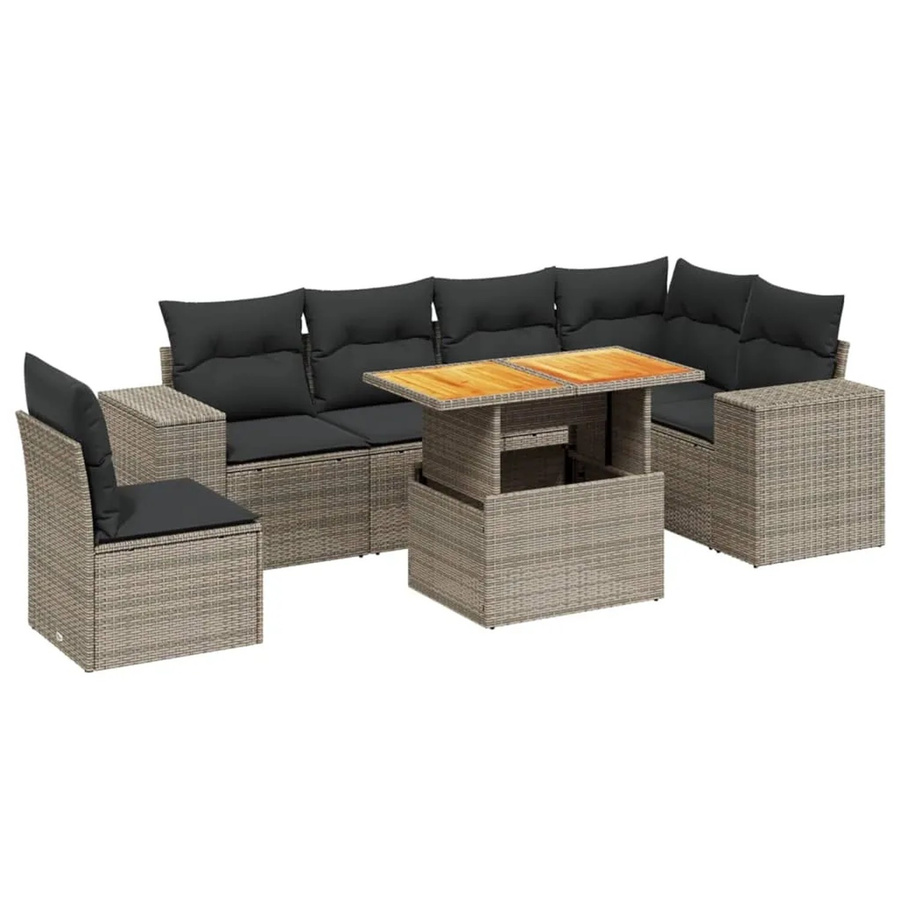 vidaXL 7-teilige Garten-Sofagarnitur in L-Form aus Poly-Rattan und Akazienholz in Grau mit Kissen - Bild 2