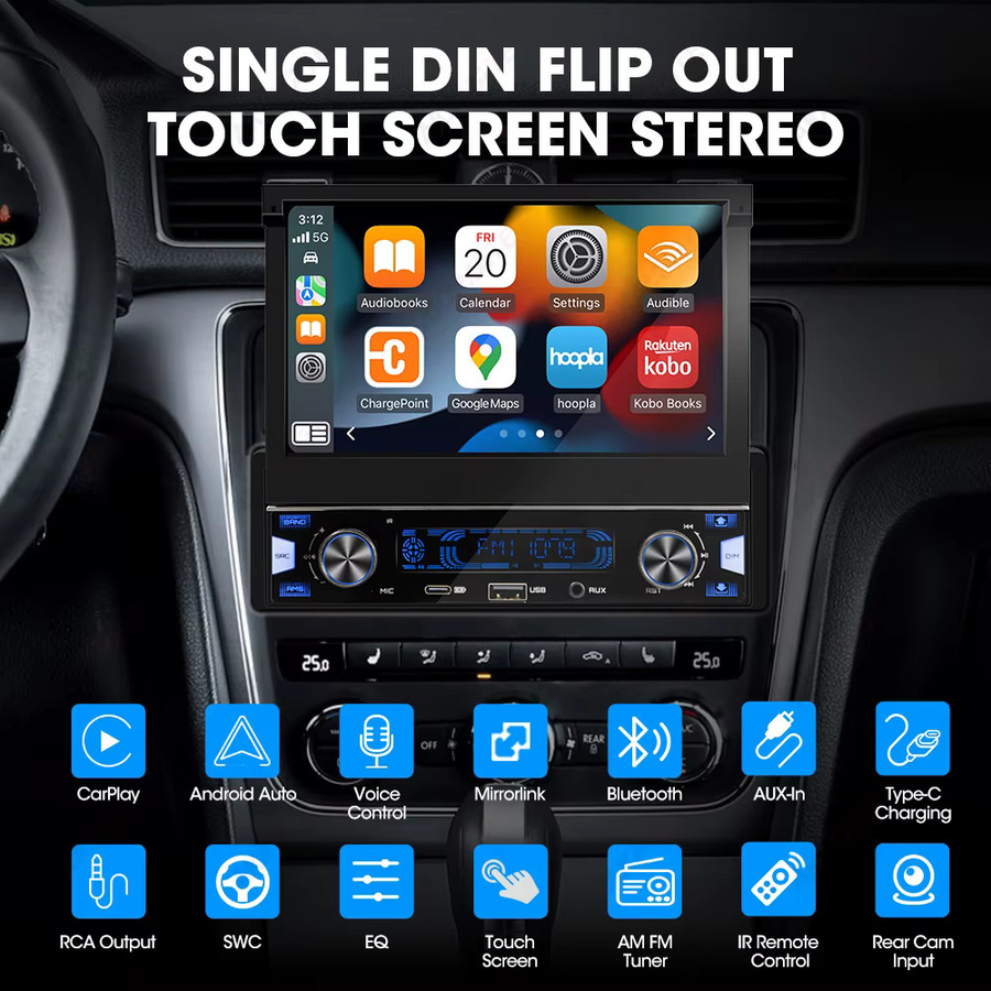 AKAMATE Single Din MP5 Auto Radio mit 7 Zoll kapazitivem Touchscreen, kabelloses CarPlay, Android Auto und GPS Navigation in Schwarz - Bild 5