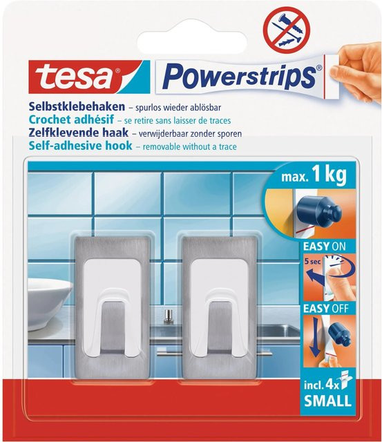tesa Selbstklebehaken Metall Weiß 2 Stück mit 4 Powerstrips Small - Bild 1