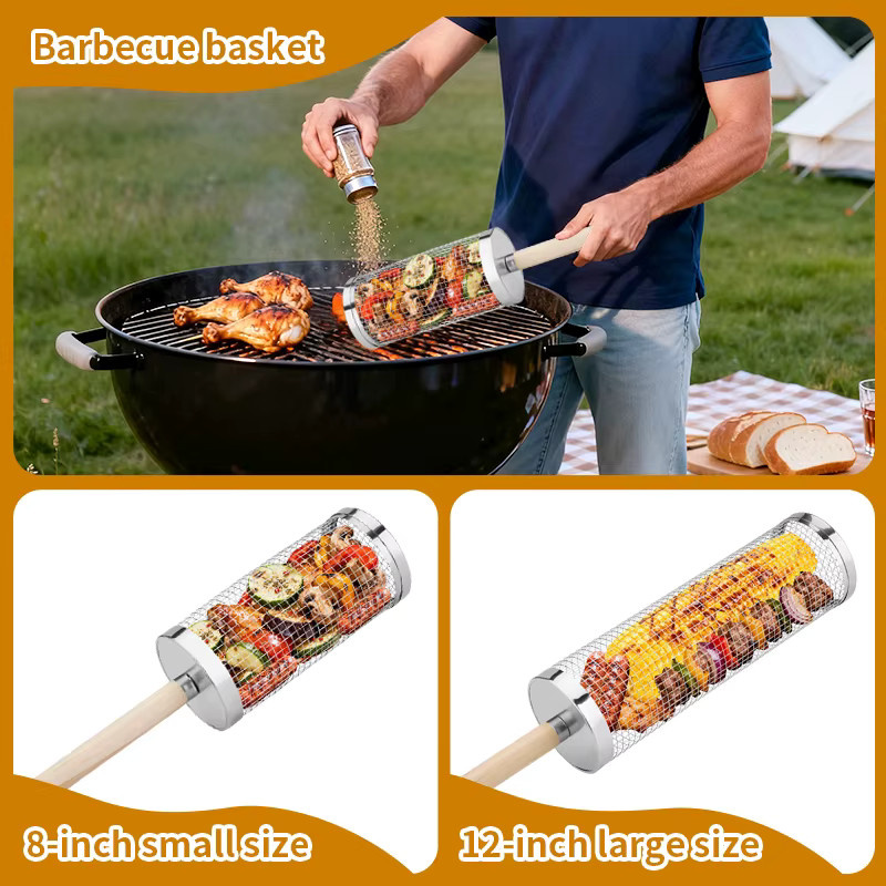 Rollbare Grillkörbe für den Outdoor-Grill mit abnehmbarem Holzgriff in Silber - Bild 3