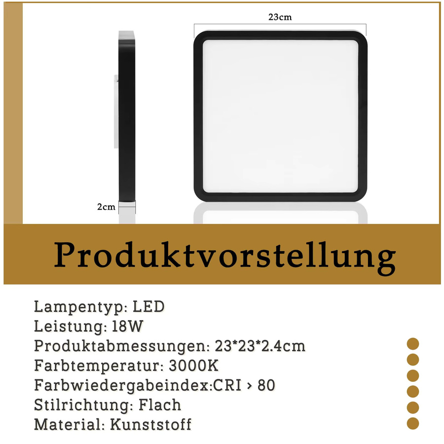 Nettlife LED Deckenleuchte Eckig in Schwarz, 18W, 3000K Warmweiß, Durchmesser: 23 cm - Bild 5