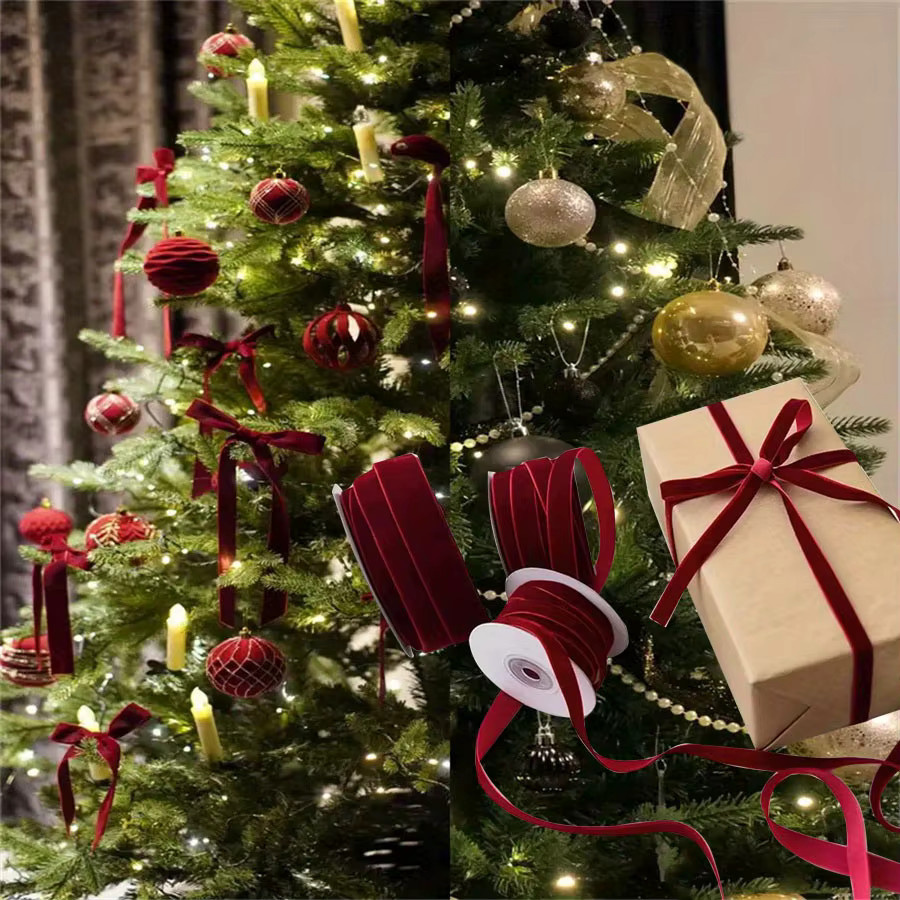 DUTRIEUX Samt-Beflockungsband in Rot, 450 cm handgefertigtes Polyesterband für Weihnachtsbaumdekorationen und Geschenkverpackungen - Bild 2