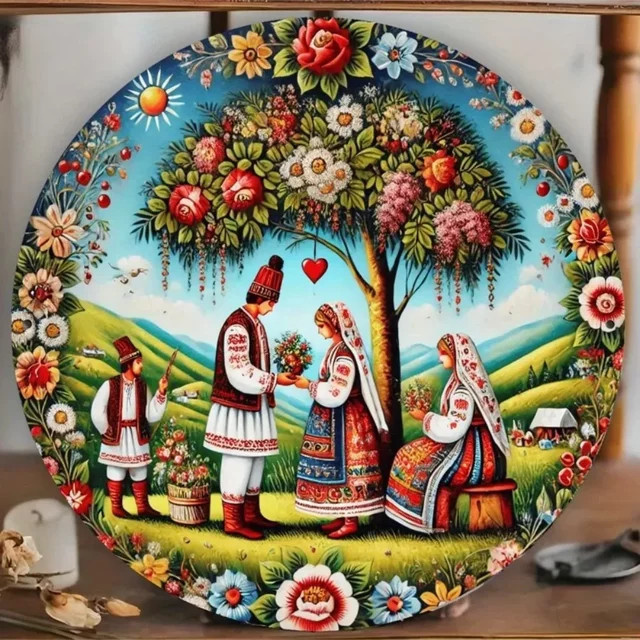Kulturkunst Dekorative Malerei Rumänische Folklore in Multicolour als runde Wanddekoration mit floralem Design - Bild 1