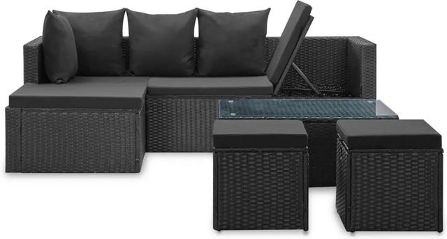 vidaXL 4-tlg Garten-Lounge-Set Schwarz aus Poly Rattan mit Auflagen und Glastisch - Bild 1