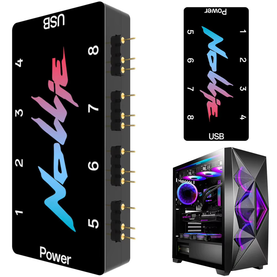 Nollie SignalRGB OpenRGB Universal 5V 3PIN ARGB Controller, 8-Wege Adressierbarer ARGB Splitter HUB für PC-Gehäuselüfter und Lichtstreifen, Schwarz - Bild 1