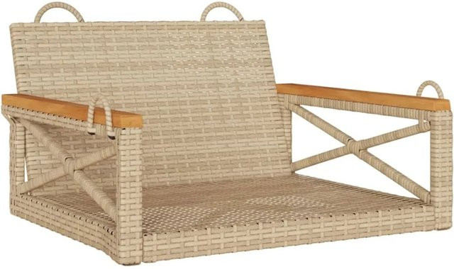 furnicato Hängesessel Beige aus PE-Rattan und Akazienholz, B/T/H: 63 x 62 x 40 cm - Bild 1