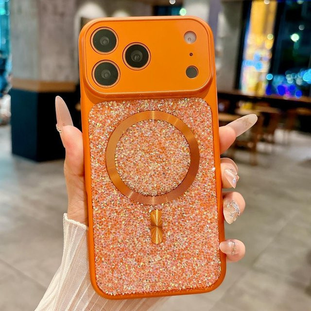 MagSafe iPhone Hülle mit glitzernden Diamant-Strass-Elementen für Apple iPhone 17 Pro Max, 16, 15, 14, 13 in Transparent oder Orange mit kabellosem Laden und Stoßdämpfer-Funktion - Bild 1