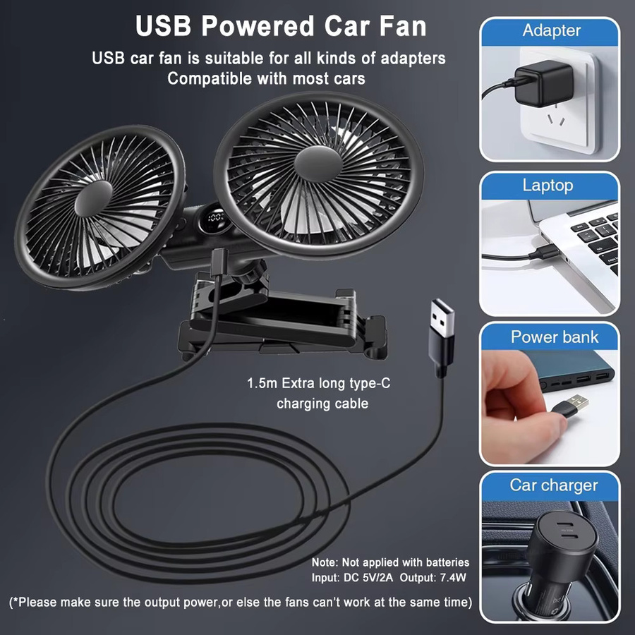 raugee USB-Auto-Rücksitzventilator mit LED-Anzeige und 360 Grad rotierendem Doppelkopf in Schwarz - Bild 3