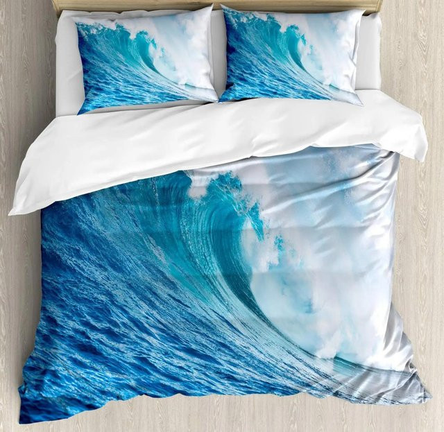 Binchi Outdoor Product Bettwäscheset mit Meereswellen-Design in Blau, 3D-Bettbezug und Kissenbezug aus Mikrofaser, B/H: 135 x 200 cm - Bild 1