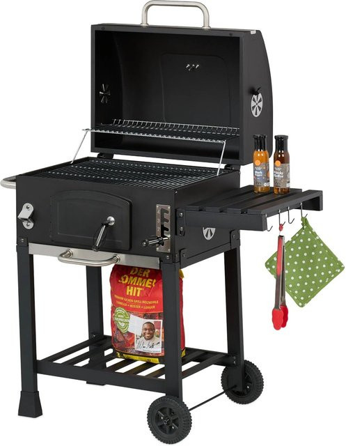 Relaxdays Holzkohlegrillwagen aus Stahl in Schwarz mit Deckel, Thermometer und Höhenverstellbarkeit, B/T/H: 103 x 65 x 104 cm - Bild 1