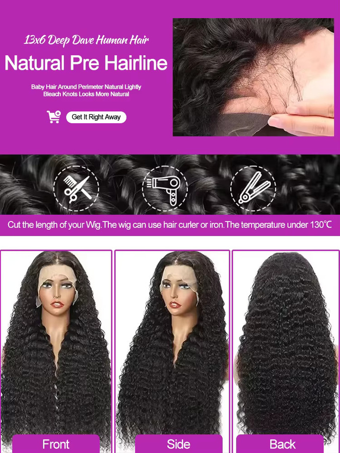 HJ WEAVE BEAUTY Deep Wave Lace Front Perücke, 40-50 Zoll, Brasilianisches Echthaar, Schwarz, Damen - Bild 4