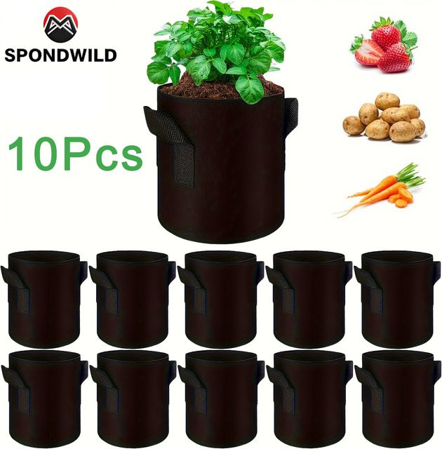 SPONDWILD 10-teiliges Set verstärkte Kartoffelpflanzbeutel aus Vliesstoff in Schwarz für Gemüse und Blumen - Bild 1