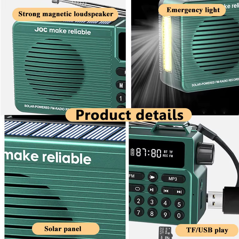 JINSERTA Mini-Notfallradio mit Solar-Ladefunktion, Bluetooth-Lautsprecher und LED-Display, FM-Radio mit Taschenlampe, unterstützt TF und USB, in Grau oder Grün - Bild 5