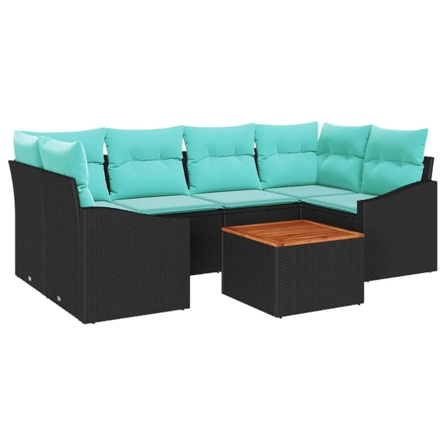 vidaXL Gartensofa-Set aus Poly-Rattan und Akazienholz in Schwarz mit 7-teiligem Polster-Set und Tisch - Bild 2