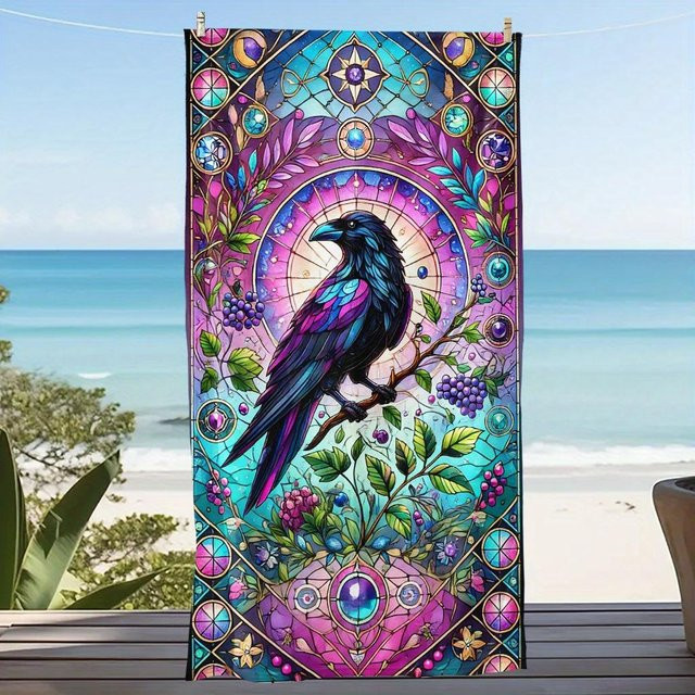 Schnelltrocknendes Strandtuch von JMG Household Supplies mit mystischem Raben-Buntglas-Design in Multicolour, sandfreies Badetuch für Pool und Urlaub, B/B: 70 x 140 cm - Bild 1