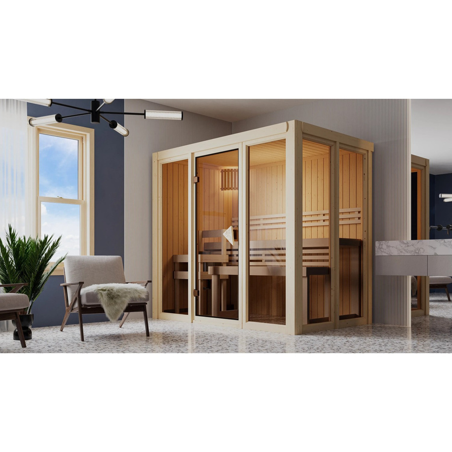 Karibu Sauna Vaira 3 mit Ganzglasfront und Ofen 3,6 kW in Natur Braun mit externer Steuerung - Bild 2