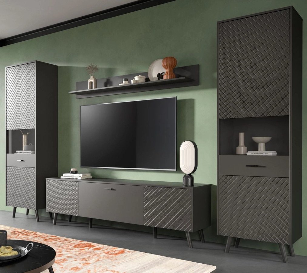 Wohnwand Madea von Inn.Furn in Grau Matt mit Vitrine und Lowboard, Breite: 331 cm - Bild 1
