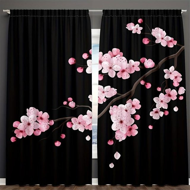 A Family Of Home Textiles 2er-Set Japanische Kirschblüten und Mond Vorhänge, Schwarz, Semi-transparent, Breite: 50 cm, Höhe: 130 cm - Bild 1