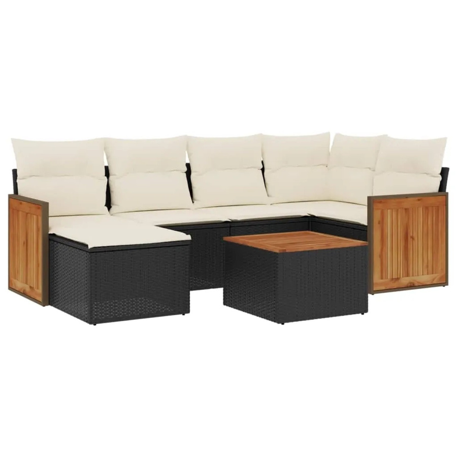 vidaXL 7-tlg Garten-Sofagarnitur aus Poly-Rattan und Akazienholz in Schwarz mit Kissen - Bild 2