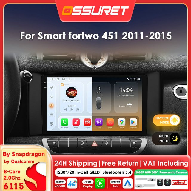 OSSURET Android Auto Radio für Smart fortwo 451 (2011 - 2015) mit Carplay, GPS und 360 Kamera, Schwarz - Bild 1