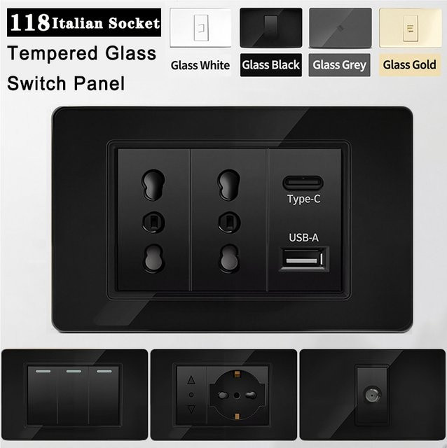 T&I Wandsteckdose Serie 118 aus gehärtetem Glas in Schwarz mit USB Typ C und 20 W Schnellladung (Italienischer Standard 16 A) - Bild 1